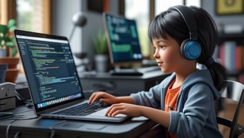 Niña sentada en su escritorio aprendiendo a programar